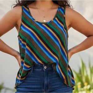Caren Sport Retro Multi-Color Diagonal Stripe Flowy Tank Top Blouse NWT XL